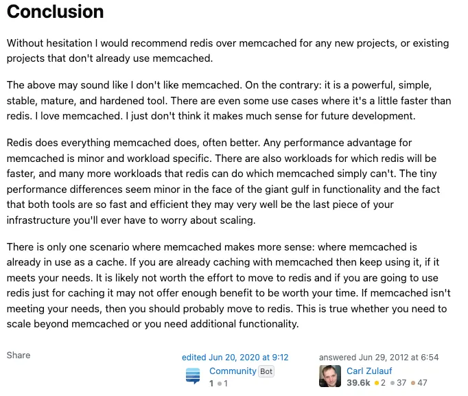 StackOverflow Redis vs Memcached